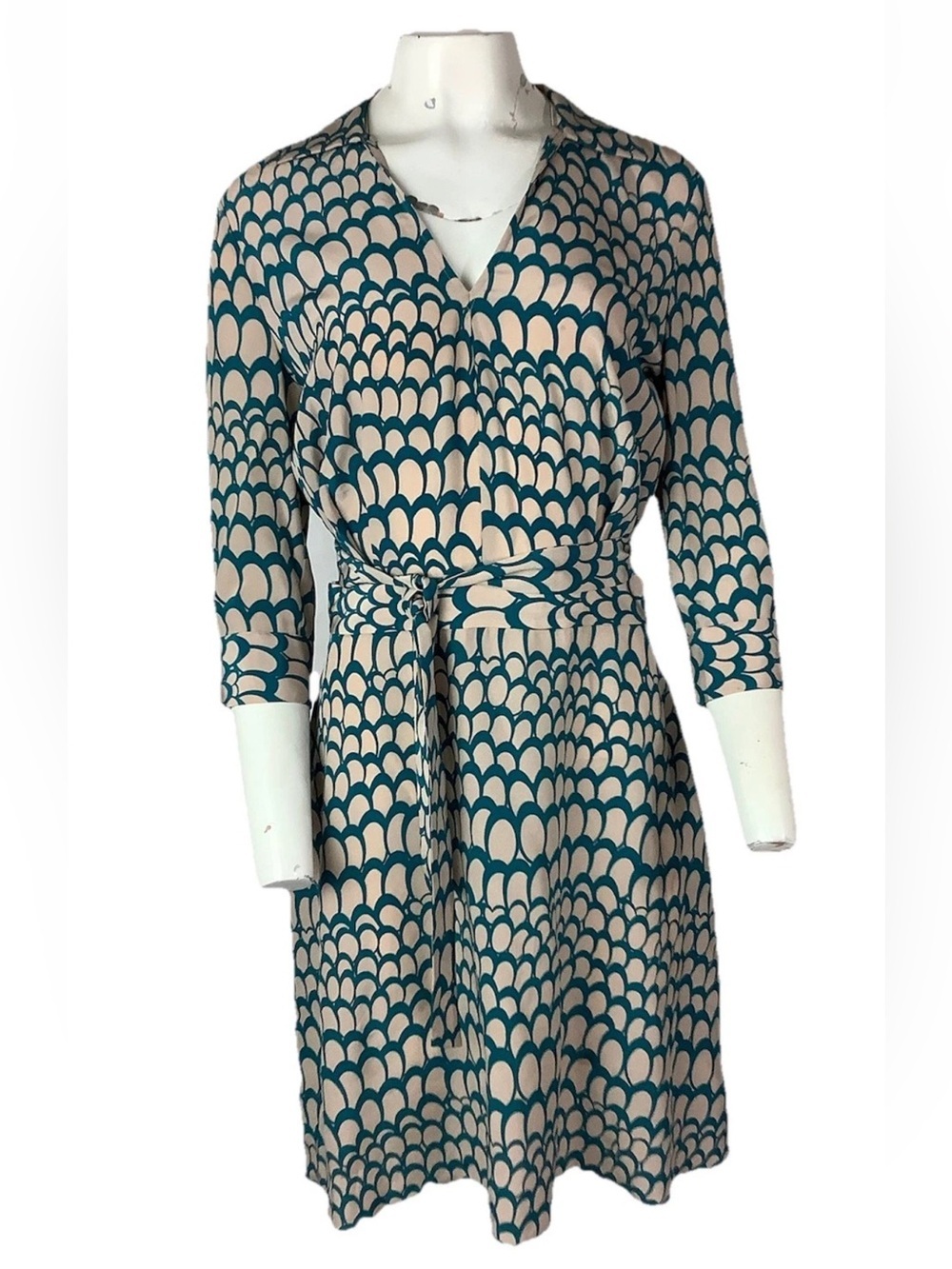 Stefanel Sz 8 100% Silk Satin Geo Printed Tie Waist Business Office Dress